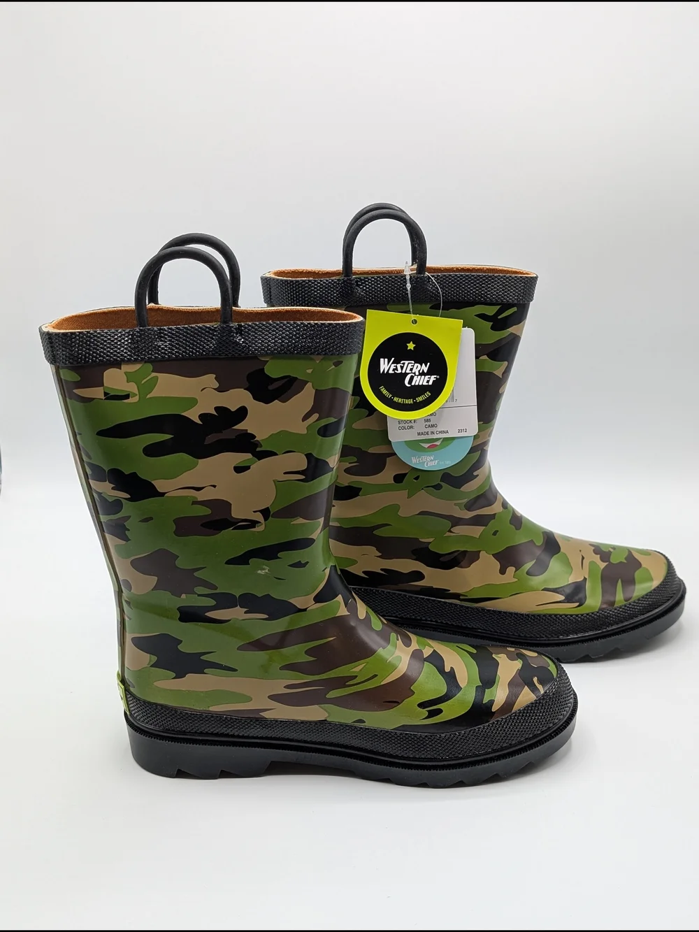 Western Chief Little Kids' 2 Green Camo Rain Waterproof Boots Pull On Handles